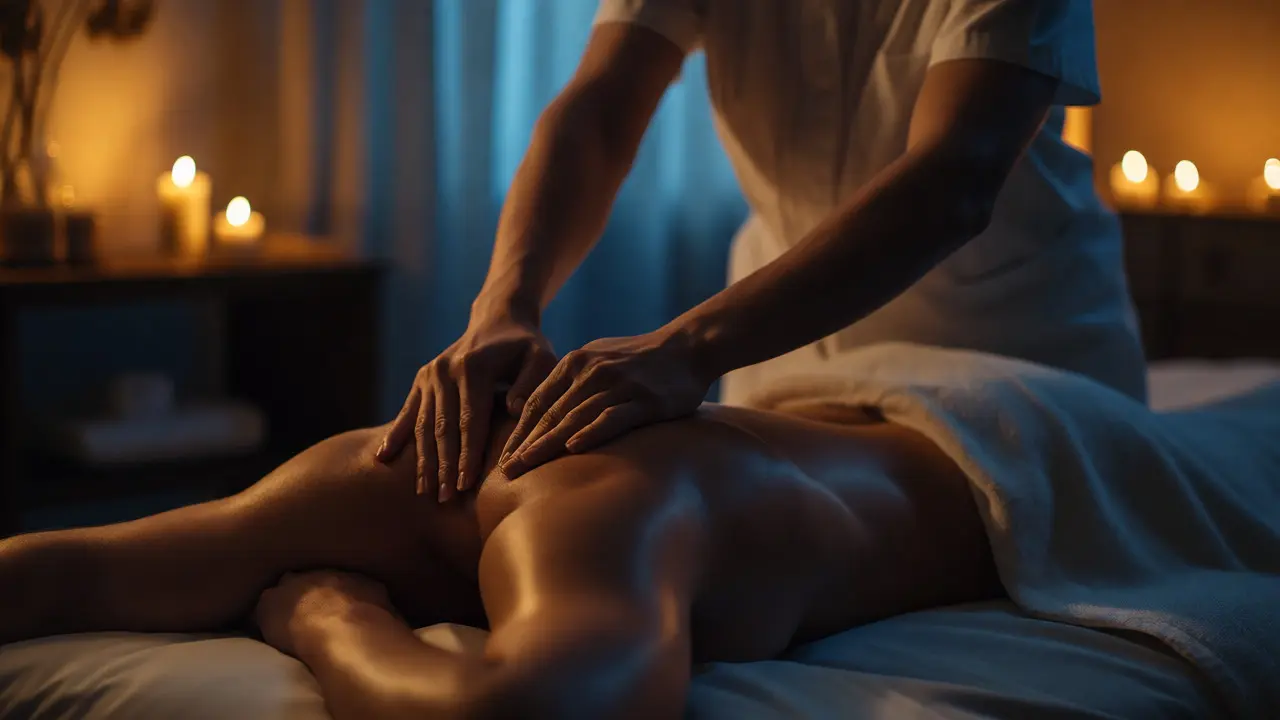 Hands massaging shoulders in a dimly lit, candlelit room with soft towels.