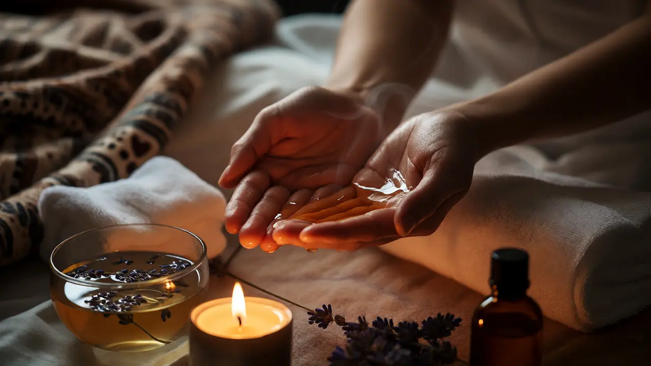 Hands warming massage oil over a candle flame near towels and aromatherapy.