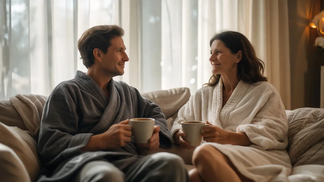 Happy couple debriefing over tea in a bright, comfortable spa lounge