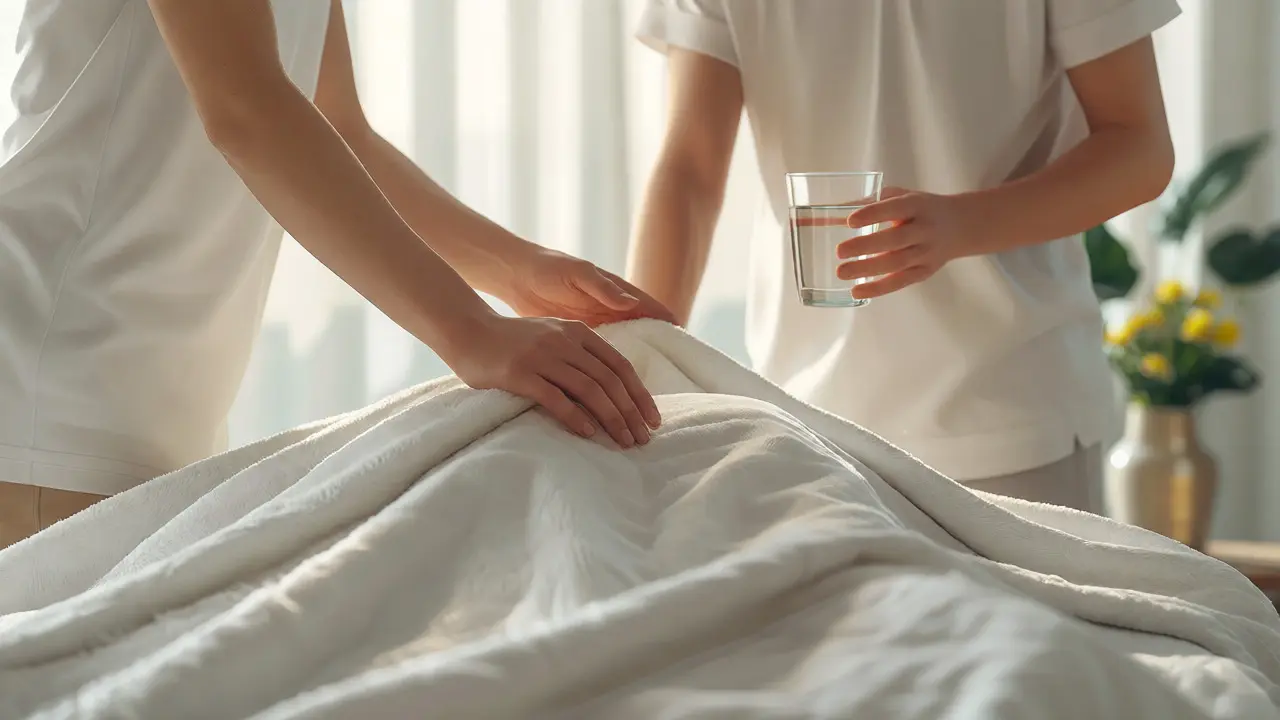 Partner covering another with a blanket and offering water after a massage.