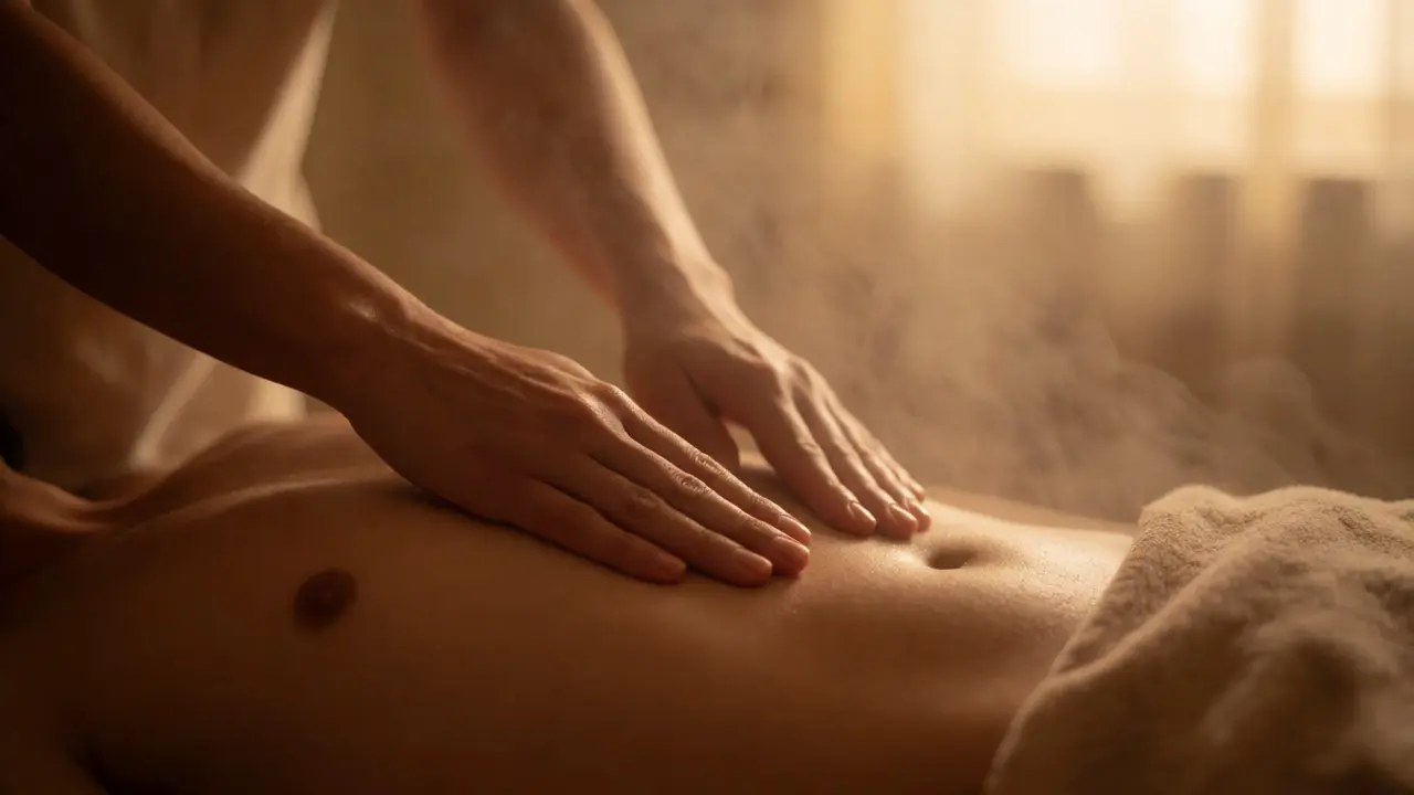 Practitioner's hands gently massaging a man's abdomen with oil in a warm, steamy spa room.