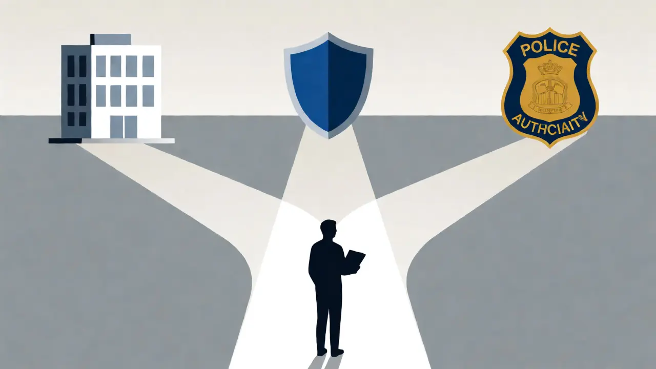 Silhouette choosing between office, association, and police paths