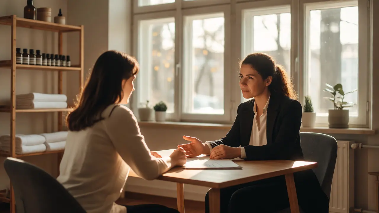 Therapist and client discussing boundaries in a bright, professional wellness office.