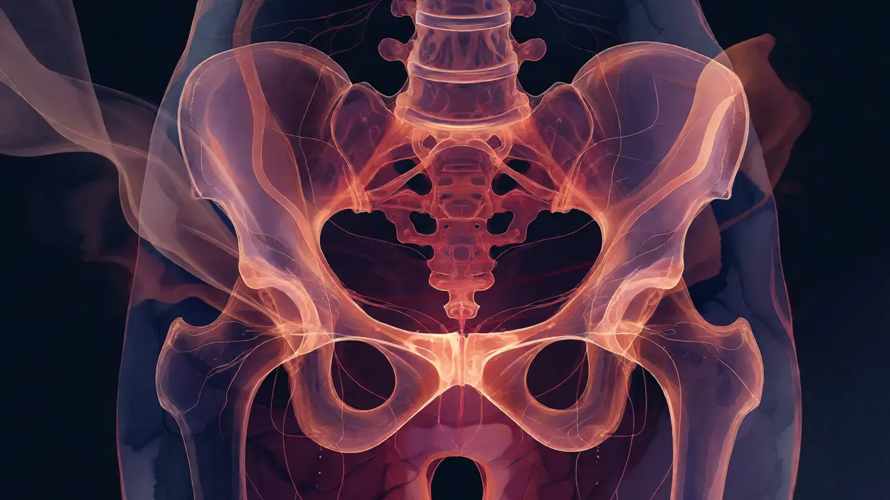 Abstract glowing pelvic anatomy visualization representing vitality and flow