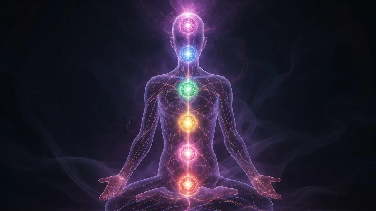 Abstract illustration of a human silhouette with glowing chakra energy centers.