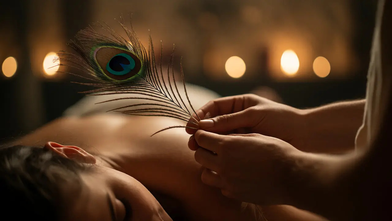 Close-up of a tantric therapist using a peacock feather for sensitive touch.
