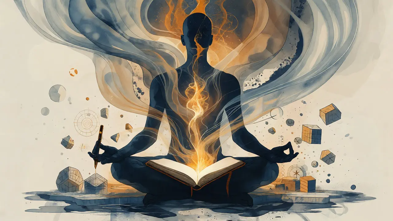 Conceptual art of energy flowing into a journal during meditation