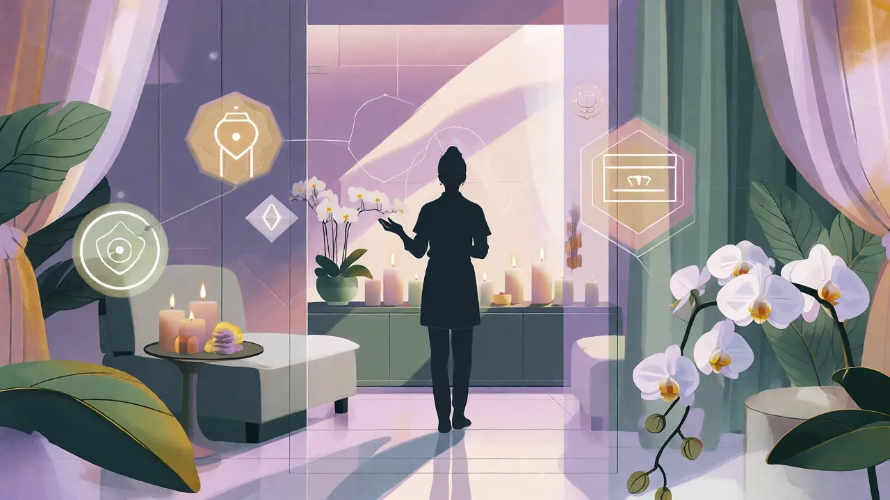 Conceptual art showing a serene spa interior with digital privacy symbols.