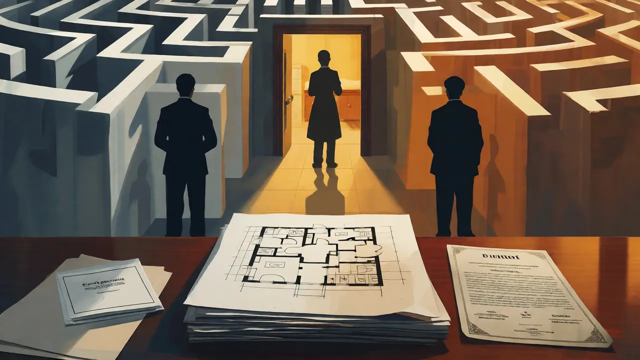 Conceptual art showing bureaucratic documents leading to an approved massage salon.