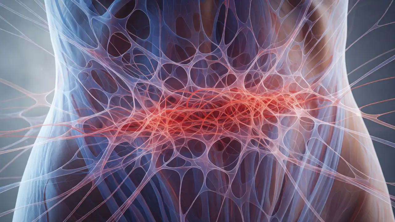 Conceptual illustration of fascial networks showing scar tissue adhesions on a torso