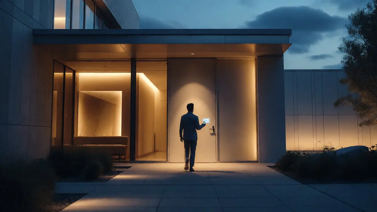 Discreet arrival at a modern wellness studio at dusk with phone in hand.