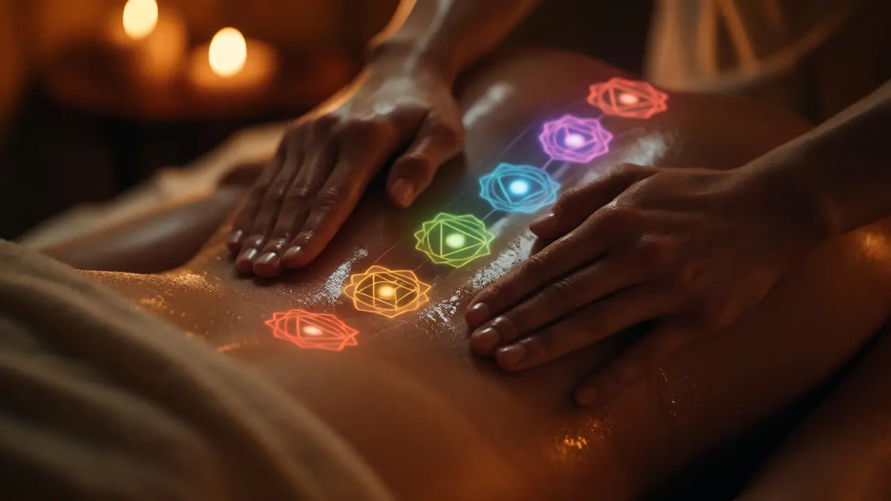 Hands performing tantric massage on the lower back with chakra overlays