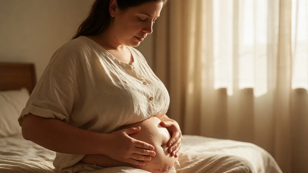 New mother performing gentle self-massage on her abdomen in a sunlit room