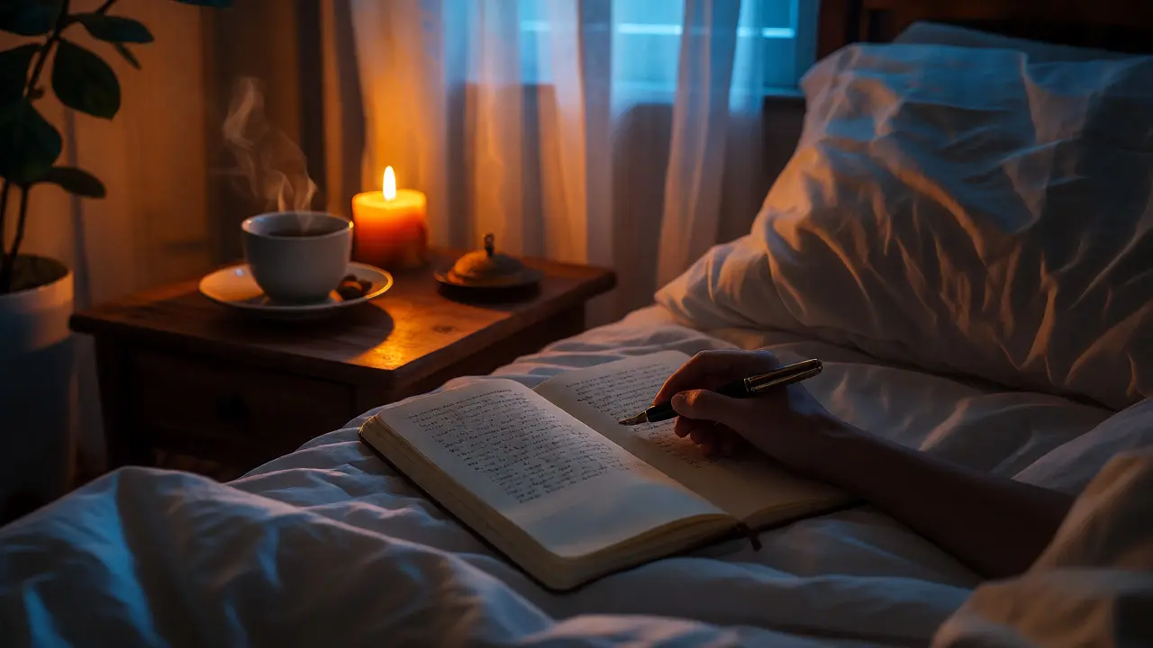 Nighttime bedside scene with a journal, pen, and candle