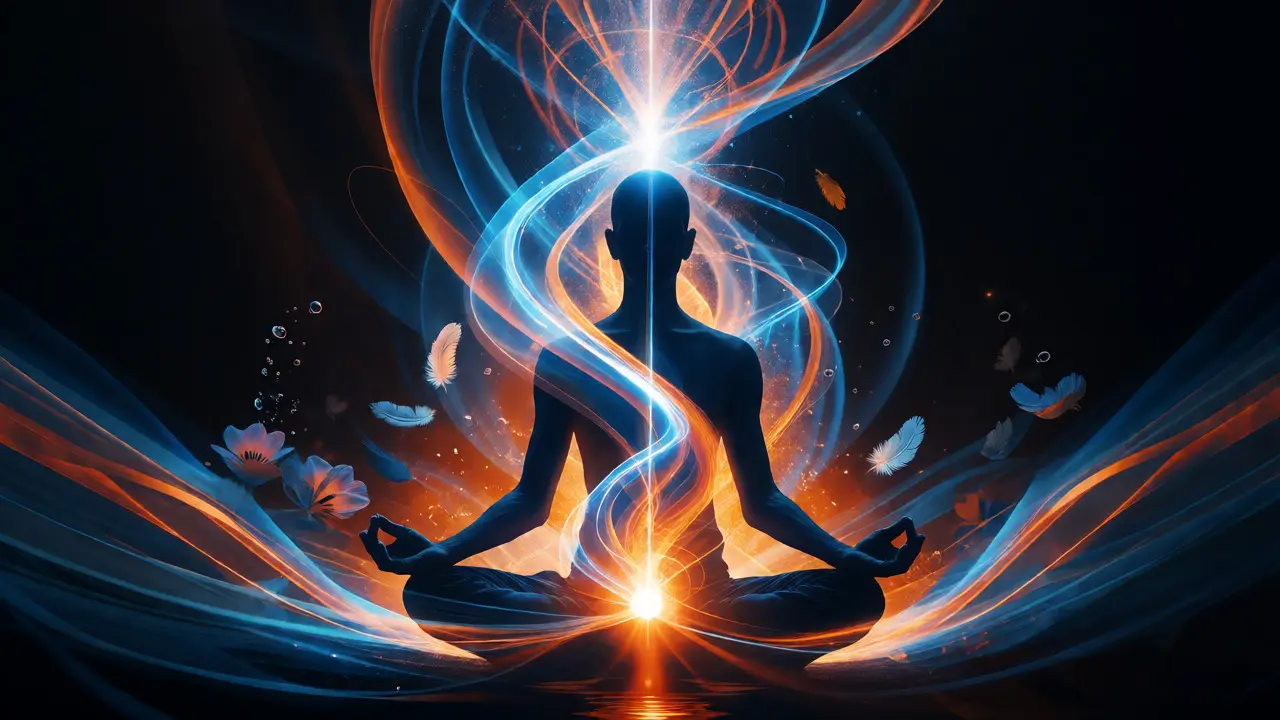 Silhouette meditating with energy rising from spine to crown