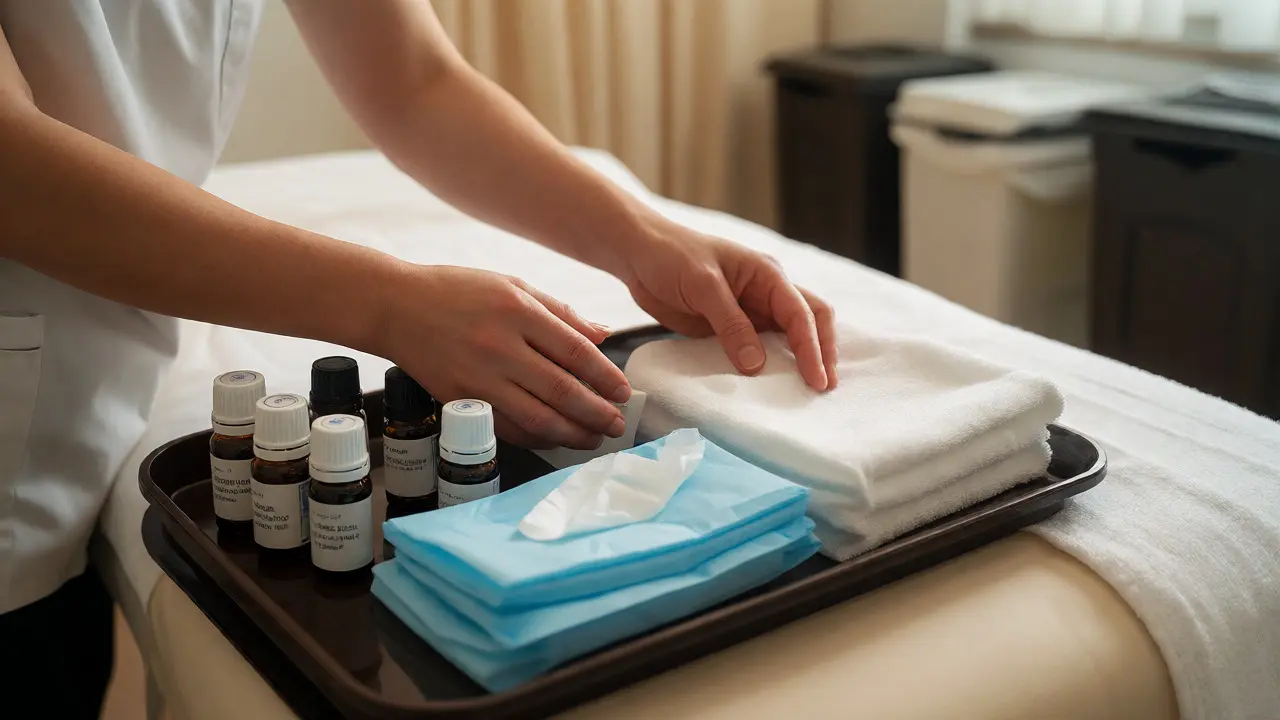 Therapist preparing oils and linens, highlighting strict hygiene and operational protocols.