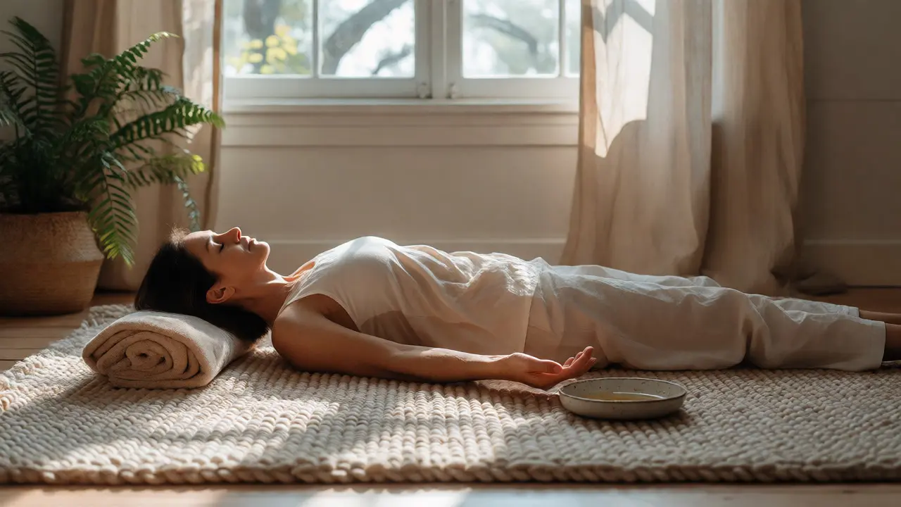 Woman practicing self-massage on rug with oil and towel in sunny room
